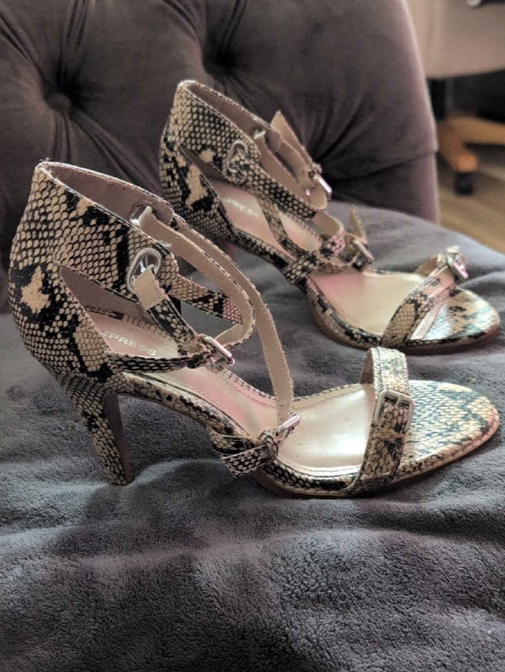 Express Snake-Print Strappy Heels in Beige and Black - Picture 2 of 7